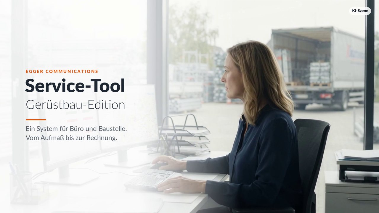Standbild aus dem Film: Titel Service-Tool, Gerüstbau-Edition, daneben eine Disponentin am Bildschirm
